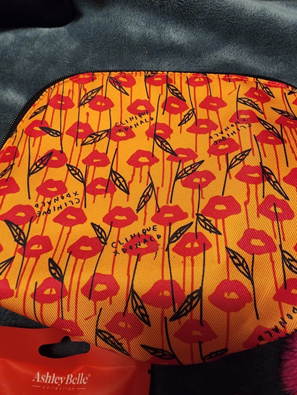 Orange & Pink Cosmetic Pouch with Pom Pom Keychain Beauty Bundle Over $75 Value - Picture 2 of 12